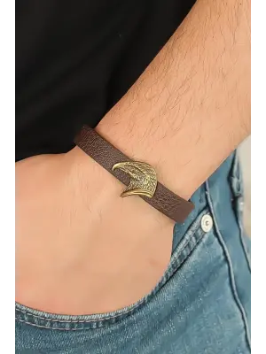 Eskitme Renk Metal Kartal Aksesuarlı Kahverengi Deri Erkek Bileklik