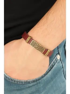 Eskitme Renk Metal Zebra Aksesuarlı Kahverengi Deri Erkek Bileklik