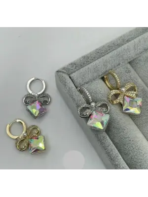 Fiyonklu İncili Kristal Taş Sallantılı Kadın Küpe