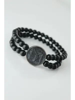 Füme Renkli Metal Üzerine Füme Kayı Boyu Figürlü Siyah Renk Çift Sıra Doğal Taş Erkek Bileklik