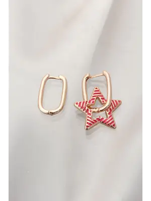 Fuşya Çizgili Gold Çelik Yıldız Küpe
