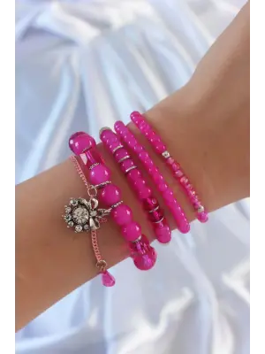 Fuşya Renk Zirkon Taşlı Fiyonk Figür Boncuklu Sallantılı Çoklu Bileklik