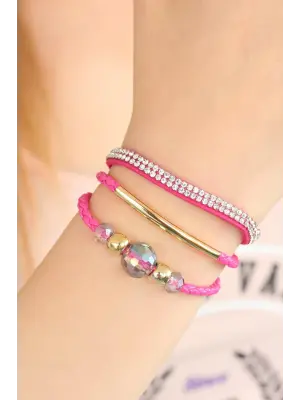 Fuşya Taşlı Ponponlu Metal Aksesuarlı Deri Çoklu Bayan Bileklik
