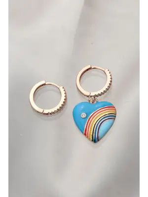 Gökkuşağı Detaylı Mavi Kalp Model Taşlı Çelik Küpe