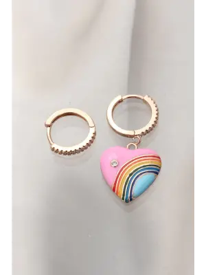 Gökkuşağı Detaylı Pembe Kalp Model Taşlı Çelik Küpe