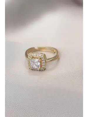 Gold Baget ve Zirkon Taşlı Kare Yüzük