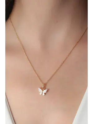 Altın Beyaz  Kelebek Figür  Çelik Kolye