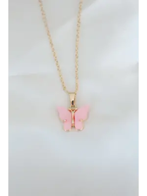 Altın Kaplama Pembe Sedefli Kelebek Çelik Kolye