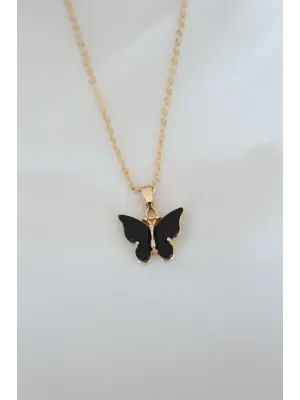 Altın Kaplama Siyah li Sedefli Kelebek Çelik Kolye