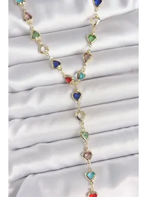 Gold Karışık Renk Kalp Figürlü Zirkon Taşlı Y Pirinç Kolye