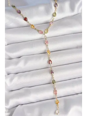 Gold Karışık Renk Zirkon Taşlı Y Pirinç Kolye