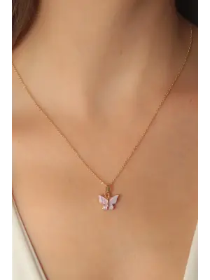 Altın Lila  Kelebek Figür  Çelik Kolye