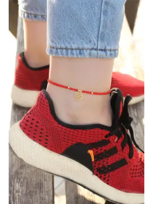 Gold Metal Aksesuarlı Kırmızı Boncuk Detaylı Halhal