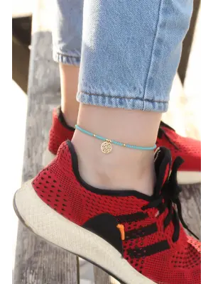 Gold Metal Aksesuarlı Mavi Boncuk Detaylı Halhal