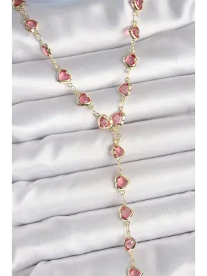 Gold Pembe Renk Kalp Figürlü Zirkon Taşlı Y Pirinç Kolye