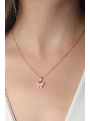 Altın Pembe  Kelebek Figür  Çelik Kolye