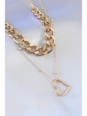 Gold Renk 2li Kalın Zincir Model Kalp Figür Kadın Kolye