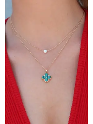 Gold Renk 2li Yonca Figür İnci Kalp Detay Kadın Kolye