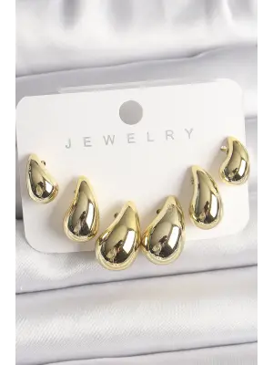 Altın 3Lü Damla Model CCB Plastik Çelik Küpe Seti