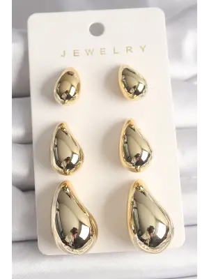 Altın 3Lü Damla Model CCB Plastik Çelik Küpe Seti