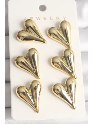 Altın 3Lü Kalp Model CCB Plastik Çelik Küpe Seti