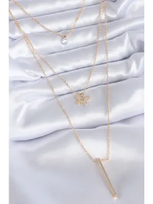 Altın  3lü Kelebek Figür Zirkon Taş Detay  Çelik Kolye