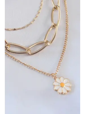 Gold Renk 3lü Papatya Model Kalın Zincir Model Kadın Kolye