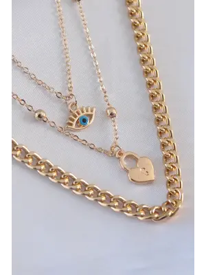 Gold Renk 3lü Zincir Model Kilit Kalp Figür Göz Detay Kadın Kolye
