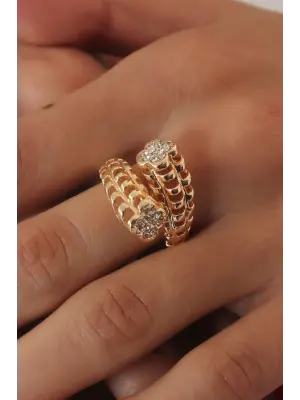 Gold Renk 3D Yonca Model Zirkon Taşlı Kadın Yüzük