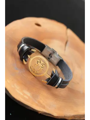 Gold Renk Baykuşlu Metal Aksesuarlı Siyah Renk Deri Erkek Bileklik