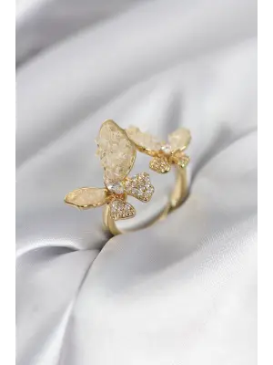 Gold Renk Beyaz Kelebek Model Zirkon Taşlı Kadın Yüzük