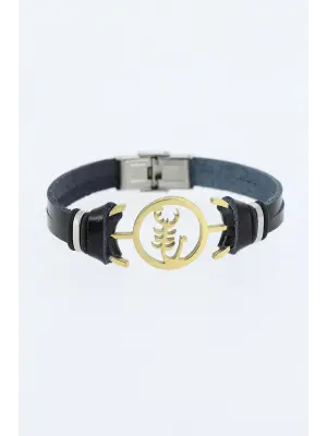 Gold Renk Çelik Akrep Figürlü Metal Aksesuarlı Siyah Renk Deri Erkek Bileklik