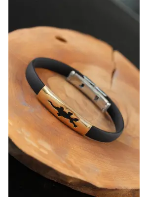 Gold Renk Çelik Semender Tasarım Siyah Renk Silikon Erkek Bileklik