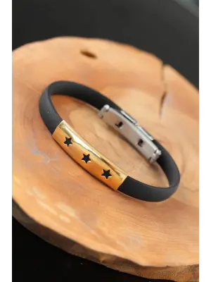 Gold Renk Çelik Yıldızlı Tasarım Siyah Renk Silikon Erkek Bileklik