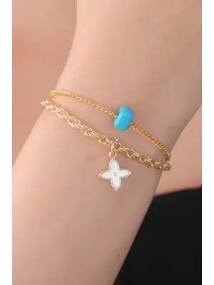 Gold Renk Çiçek Figür Mavi Taş Detay Kadın Bileklik