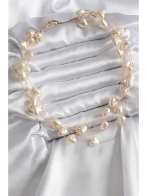 Altın  Çoklu Kalp İncili  Çelik Kolye