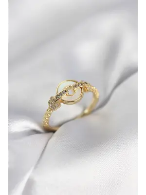 Gold Renk Daire Form Sedef ve Zirkon Taşlı Kadın Yüzük