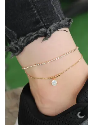 Gold Renk Damla ve Sıra Zirkon Taşlı Halhal