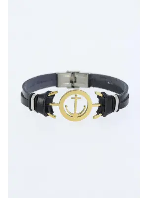 Gold Renk Deniz Çapası Figürlü Metal Aksesuarlı Siyah Renk Deri Erkek Bileklik