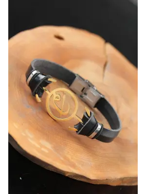 Gold Renk Elif Vav Metal Aksesuarlı Siyah Renk Deri Erkek Bileklik