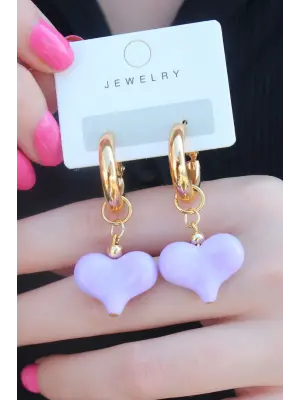 Gold Renk Halka Lila Kalp Model Kadın Küpe