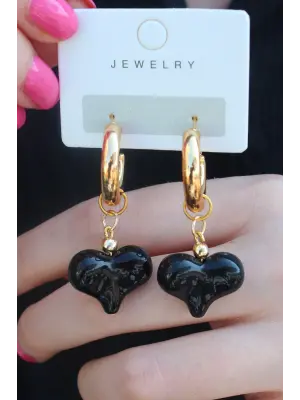 Gold Renk Halka Siyah Kalp Model Kadın Küpe