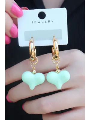 Gold Renk Halka Yeşil Kalp Model Kadın Küpe