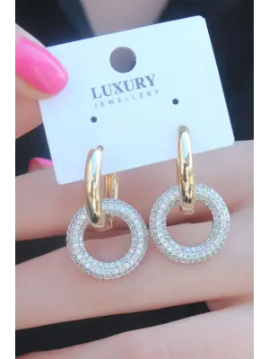 Gold Renk Halka Zirkon Taşlı Halka Model Pirinç Kadın Küpe