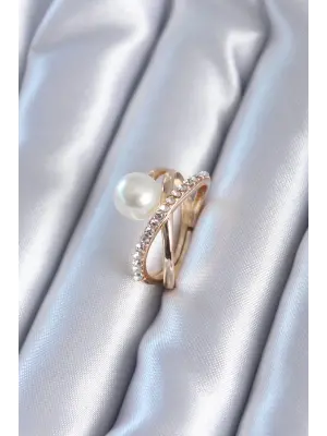 Altın İncili Zirkon Taşlı Çelik Yüzük