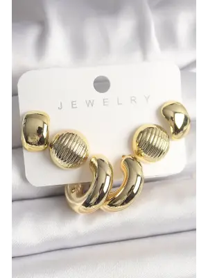 Altın İşlemeli Daire Halka Model CCB Çelik Küpe Seti