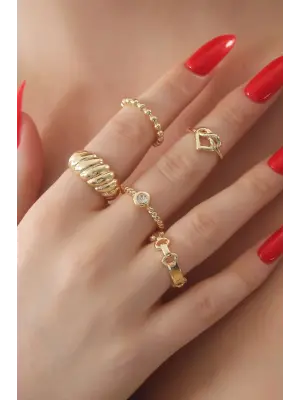 Gold Renk Kalp Figür Zirkon Taş Detay Bayan Yüzük Kombin