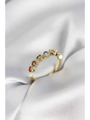 Gold Renk Kalp Model Renkli Zirkon Taşlı Kadın Yüzük