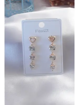 Gold Renk Kalp Model Zirkon Taşlı Kadın Küpe