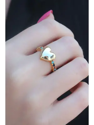 Gold Renk Kalp Model Zirkon Taşlı Kadın Yüzük